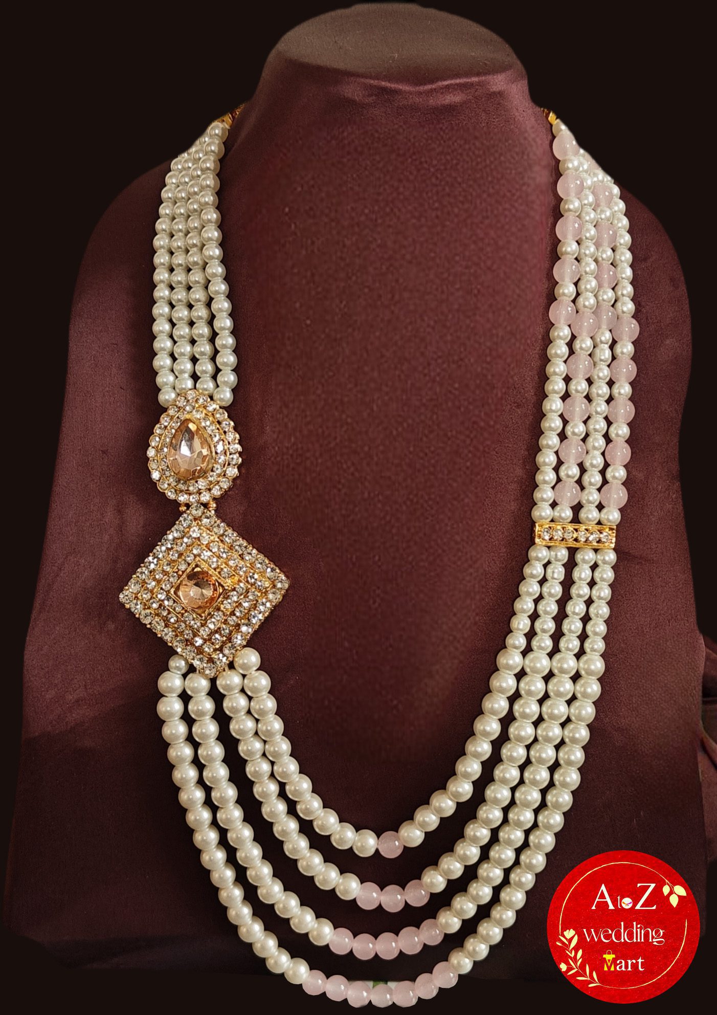Peach & White Pearl Sherwani Necklace For Groom | Dulha Kantha | Mala Haar | Beaded Maharaja Haar <br><br>Design: KNT13 - Image 2