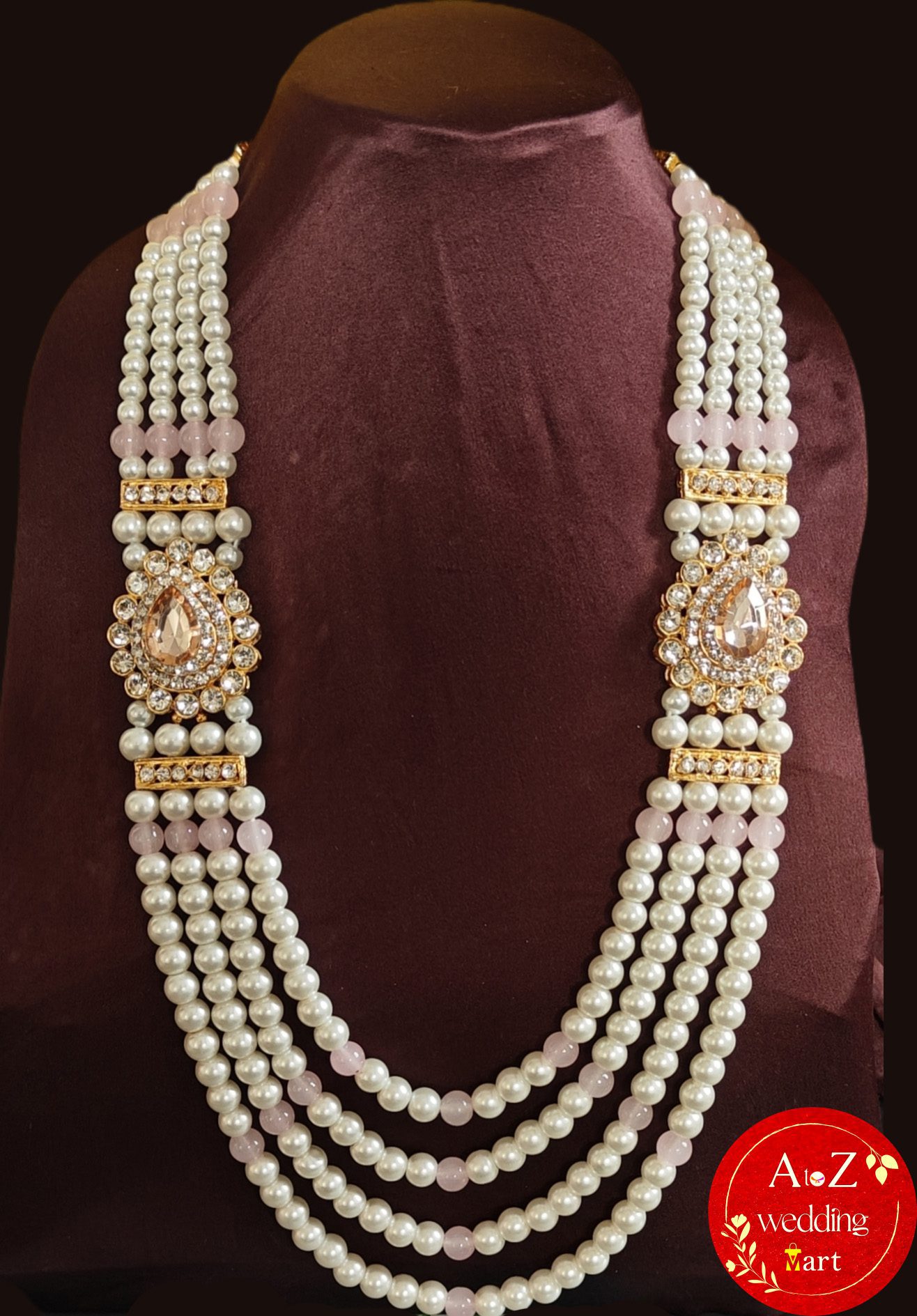 Peach & White Pearl Heavy Sherwani Necklace For Groom | Dulha Kantha | Mala Haar | Beaded Maharaja Haar <br><br>Design: KNT17 - Image 2