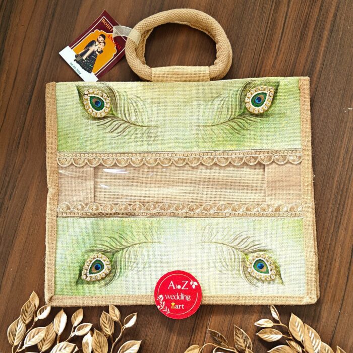 Peacock Feather-Themed Designer Jute Gifting Bag with Zip and Transparent Window (14 x 12 x 5 Inches) <br><br>Design: GB012