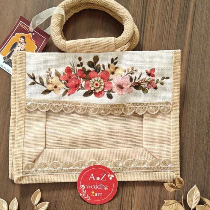 Beautiful Designer Jute Gifting Bag with Zip and Transparent Window (10 x 8 x 4 Inches) <br><br>Design: GB004