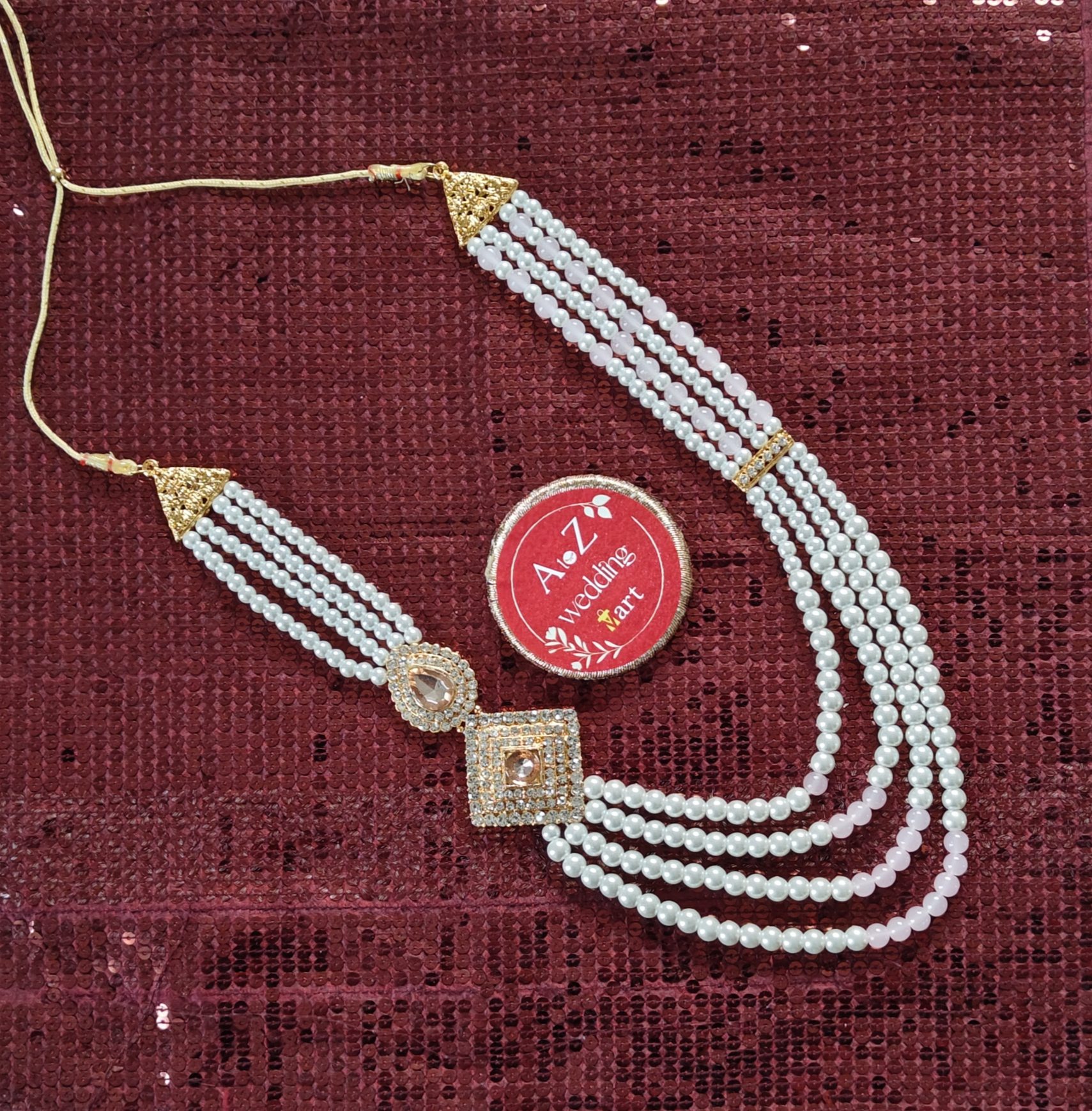 Peach & White Pearl Sherwani Necklace For Groom | Dulha Kantha | Mala Haar | Beaded Maharaja Haar <br><br>Design: KNT13 - Image 3