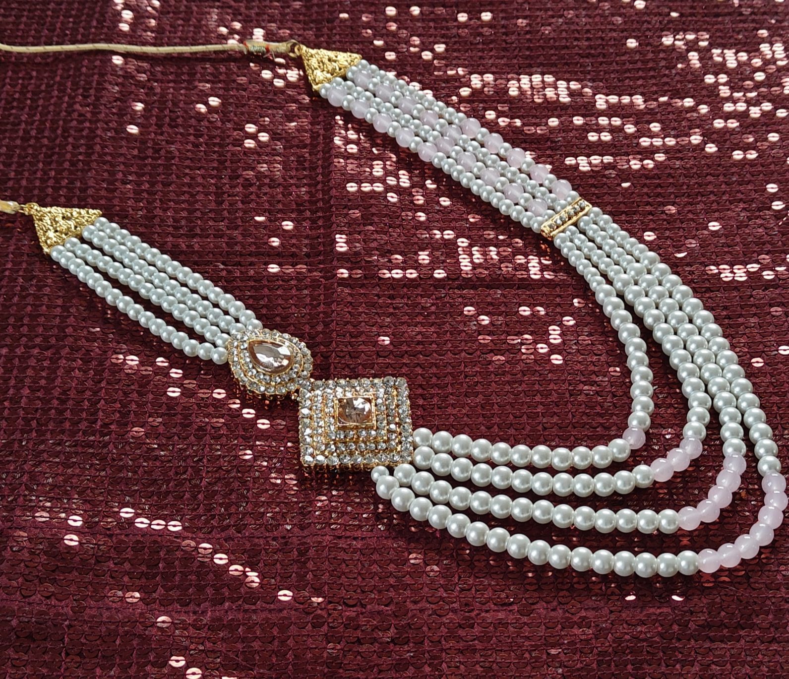 Peach & White Pearl Sherwani Necklace For Groom | Dulha Kantha | Mala Haar | Beaded Maharaja Haar <br><br>Design: KNT13