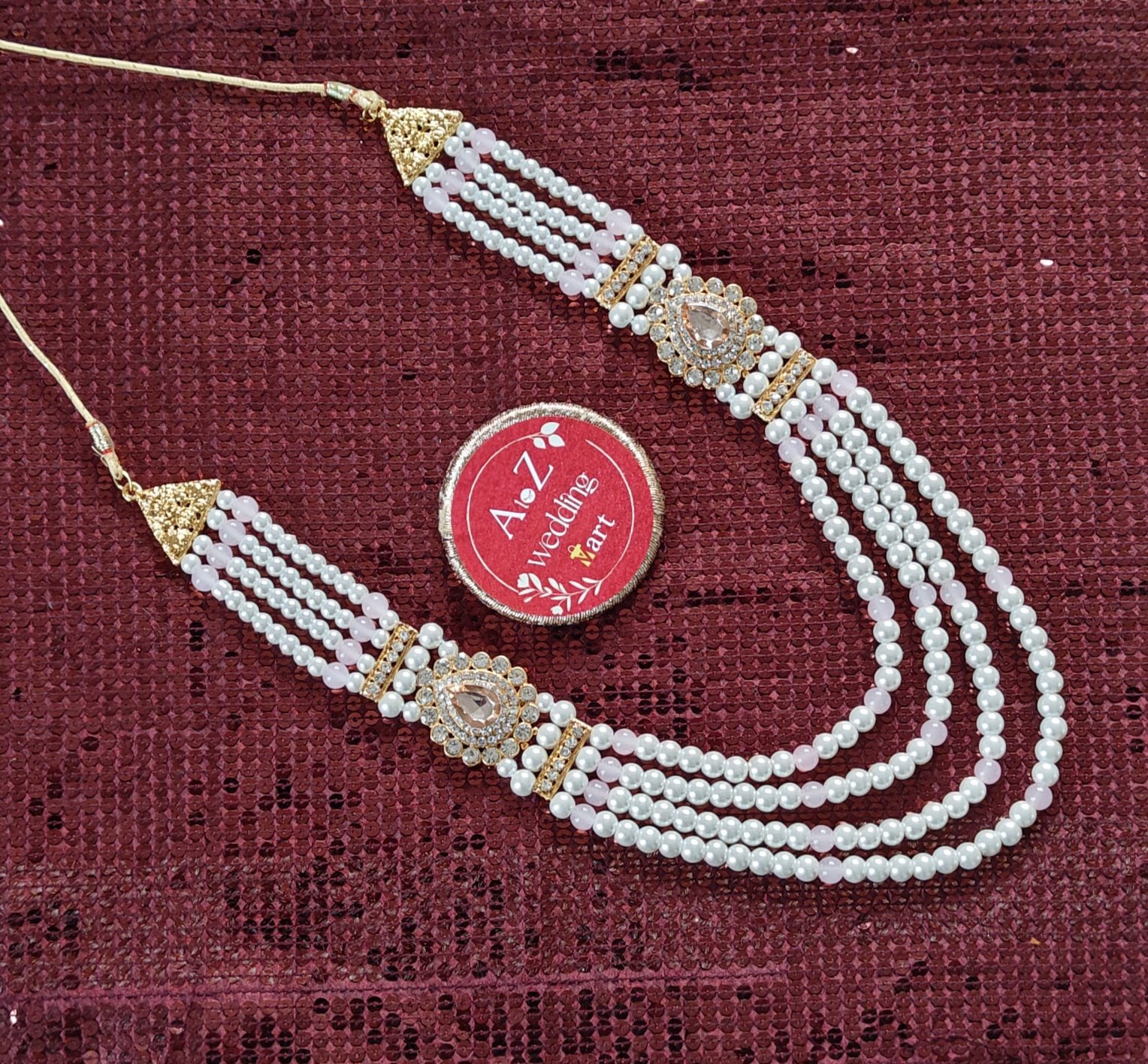 Peach & White Pearl Heavy Sherwani Necklace For Groom | Dulha Kantha | Mala Haar | Beaded Maharaja Haar <br><br>Design: KNT17 - Image 3