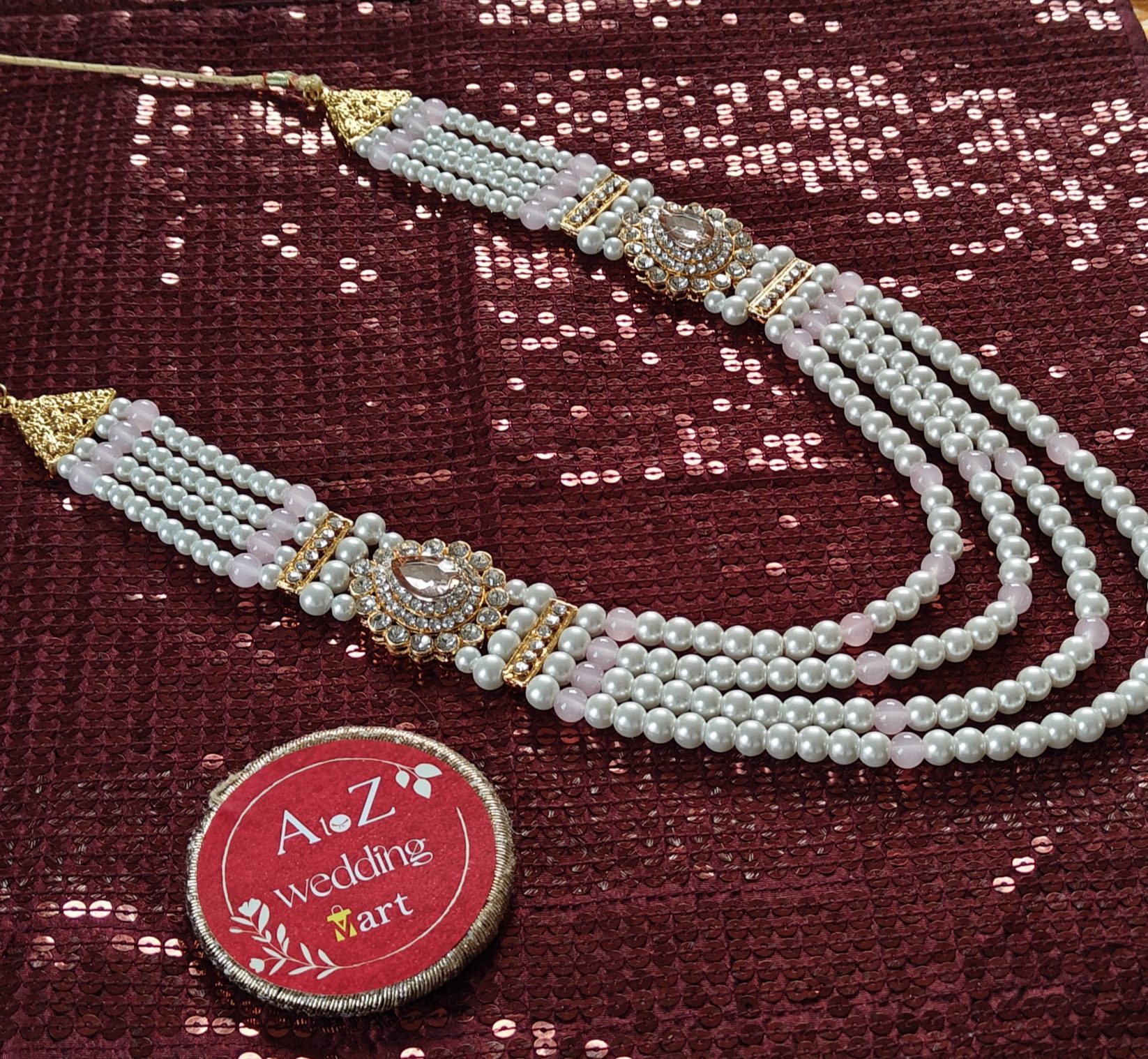 Peach & White Pearl Heavy Sherwani Necklace For Groom | Dulha Kantha | Mala Haar | Beaded Maharaja Haar <br><br>Design: KNT17