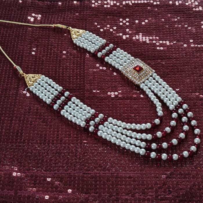 Maroon & White Pearl Sherwani Necklace For Groom | Dulha Kantha | Mala Haar | Beaded Maharaja Haar <br><br>Design: KNT01
