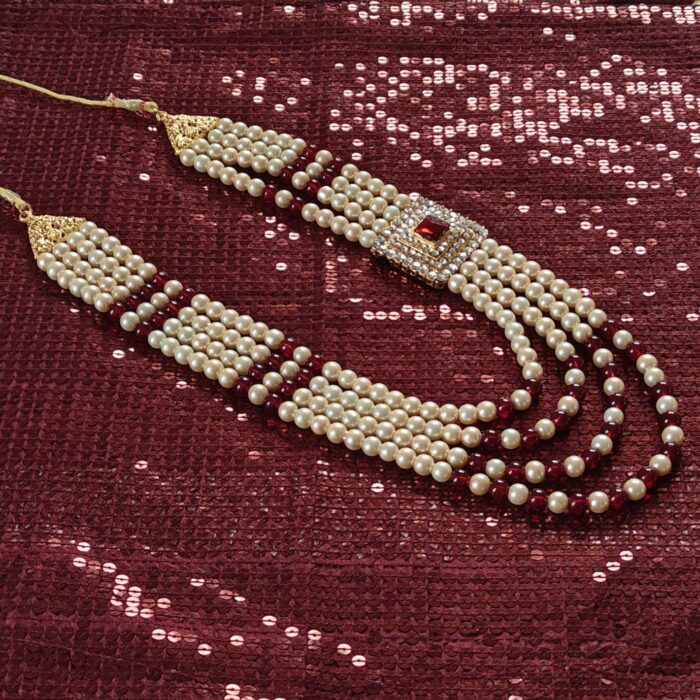 Maroon & White Pearl Sherwani Necklace For Groom | Dulha Kantha | Mala Haar | Beaded Maharaja Haar <br><br>Design: KNT18