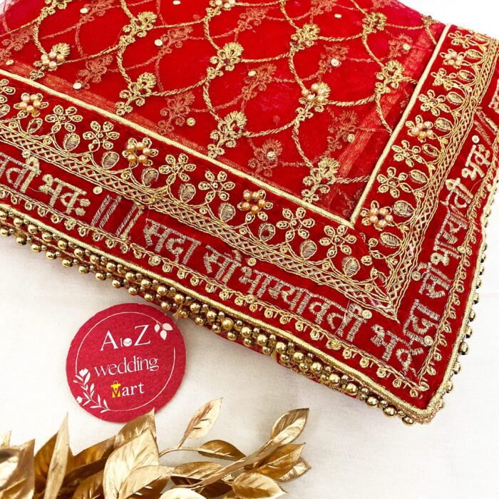 Bridal Red "Saubhagyavati Bhav" Embroidered Net Dupatta <br><br>Design: DU018