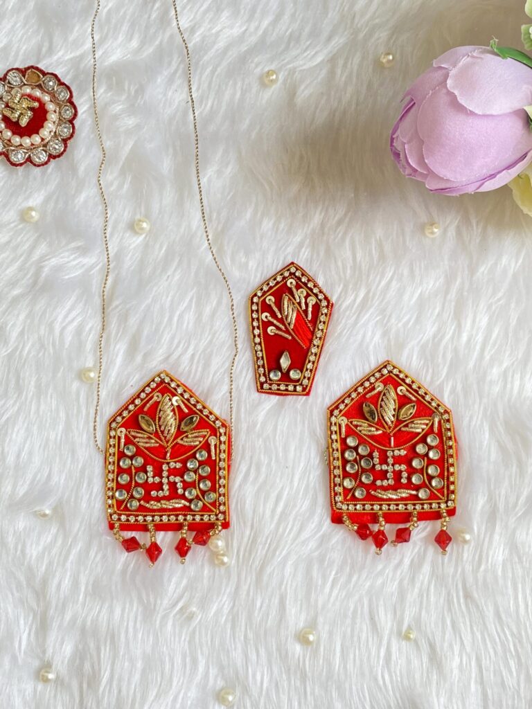 Close-up of ethnic Marwadi patterns and stone embellishments on a handcrafted Sevra set.