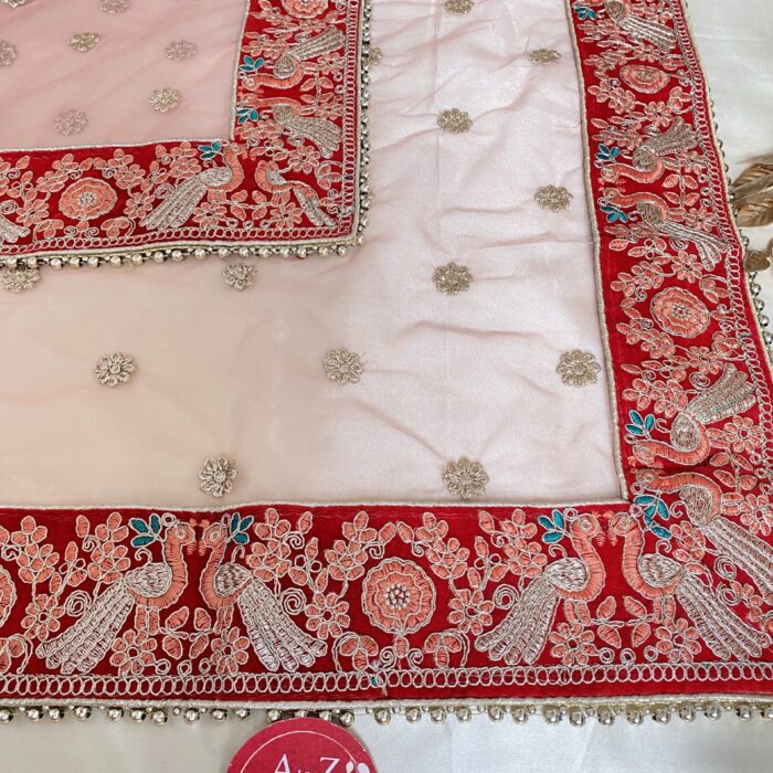 Peach Bridal Dupatta with Heavy Border And Handwork <br><br>Design:DU039