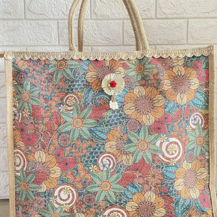 Jumbo Floral Print Jute Gifting Bag with Zip (20 x 17 x 7) <br><br>Design: GB013