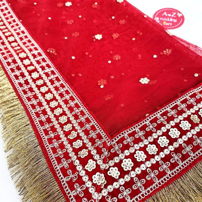 Bridal Red Embroidered Fringed Net Dupatta <br><br>Design: DU010