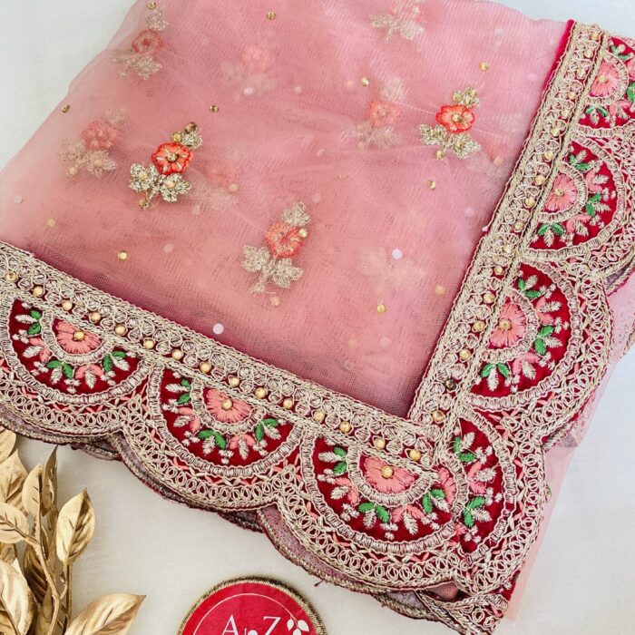 Elegant Peach Bridal Dupatta with Scalloped Border <br><br>Design: DU038