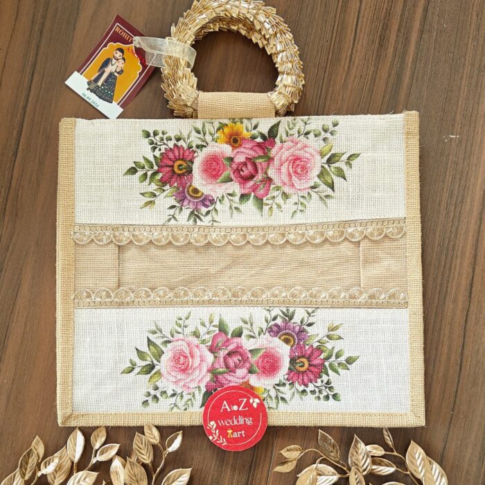 Designer Jute Gifting Bag with Zip and Decorated Handle and Transparent Window (14 x 12 x 5 Inches) <br><br>Design: GB008