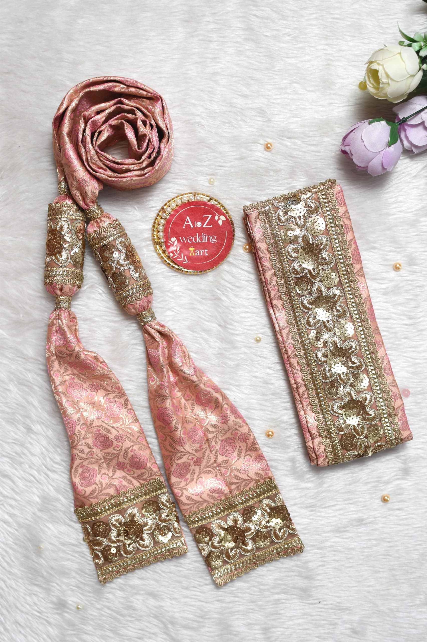 Soft Peach silk Gathjoda fabric with elegant border for Indian weddings.