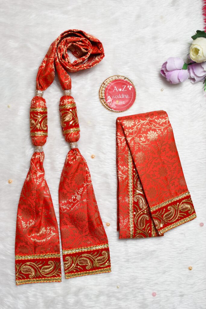 Complete view of the Red Premium Gathjoda showing the elegant drape for the groom.